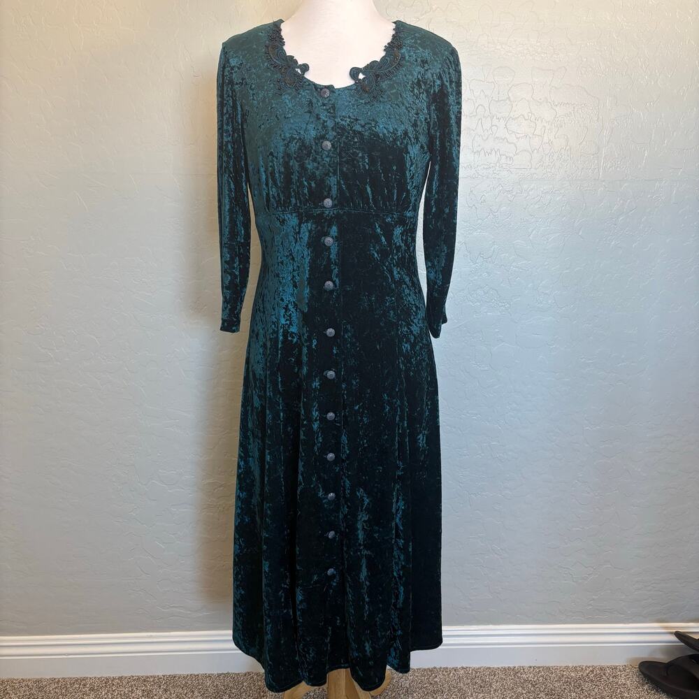 Vintage 80s 90s Emerald Crushed Velvet Beaded Lace Romantic Victorian Dress PS
